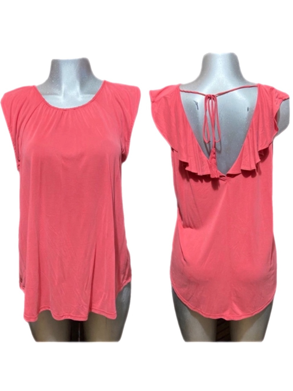Loft Ruffle Back Blouse Top Bohemian Tassels Coastal Coquette Large Cap Sleeve